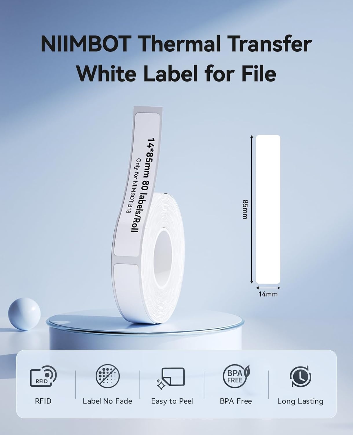 image:imageNIIMBOT B18N1 Thermal Transfer Labels 051 x 137 13x35mm Only for B18N1 Label Maker PET Material Waterproof and HighTemperature Resistance Long Storage TimeLuminousWhite