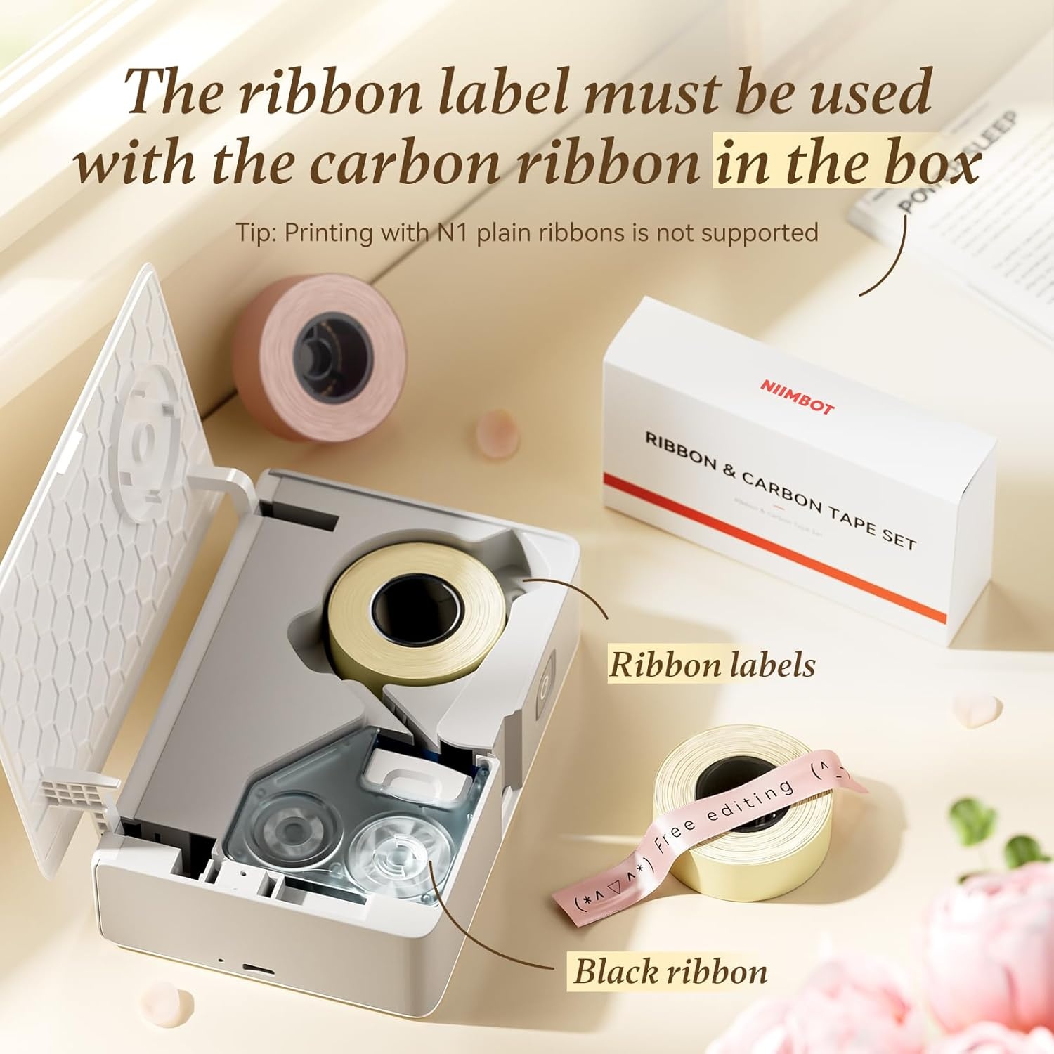 image:imageNIIMBOT N1 Satin Ribbon Set Only for N1 Label Maker for Gift Wedding Party Craft Wrapping DIY Navy Blue Satin Ribbon14mm x 51m with Gold Ribbon14mm x 62mPink