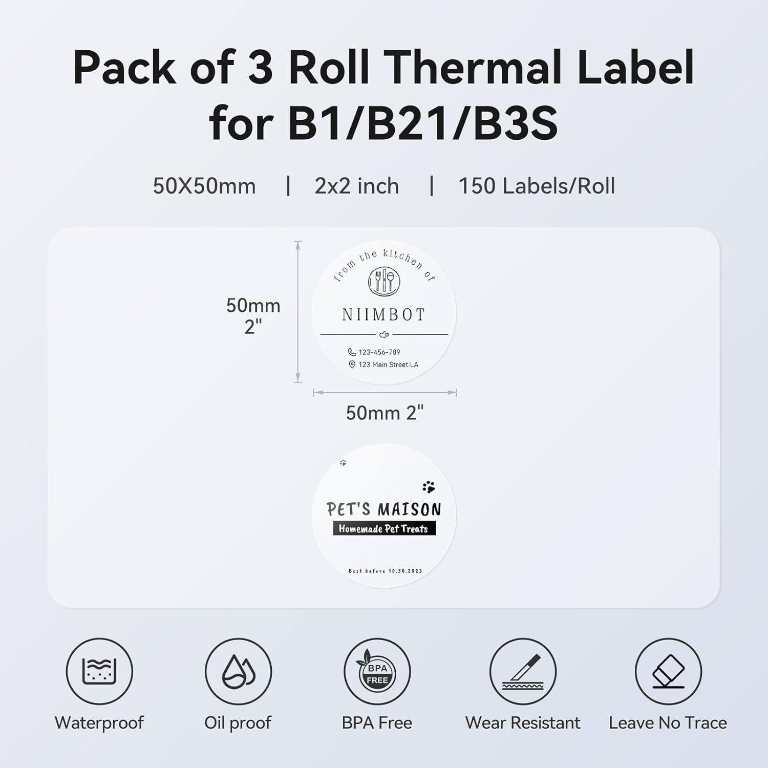 image:imageNIIMBOT 3 Rolls Set Label for B1B21B3S Label Printer 13 x 13 34x34mmWaterproof Oilproof TearProof for DaycareSpice JarAddressLogoNameFood Container197 X 197RoundClear