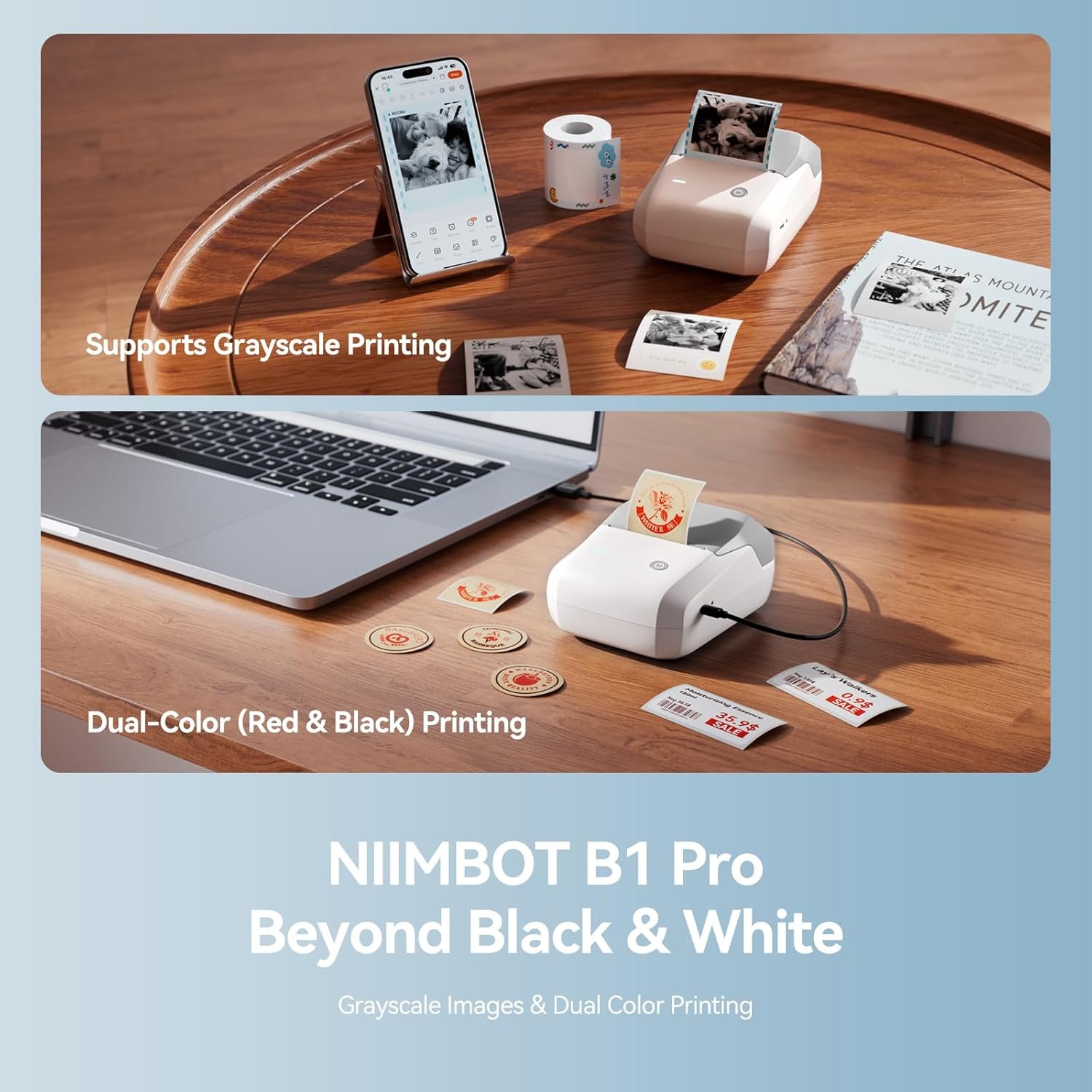 image:imageNIIMBOT B1 Pro Label Maker 300DPI HD Label Printer Ideal for PhotosStoresNotesStudy Graphics Small Business Builtin a Roll of Label2 x 12 inchesWhite Light BlueGray