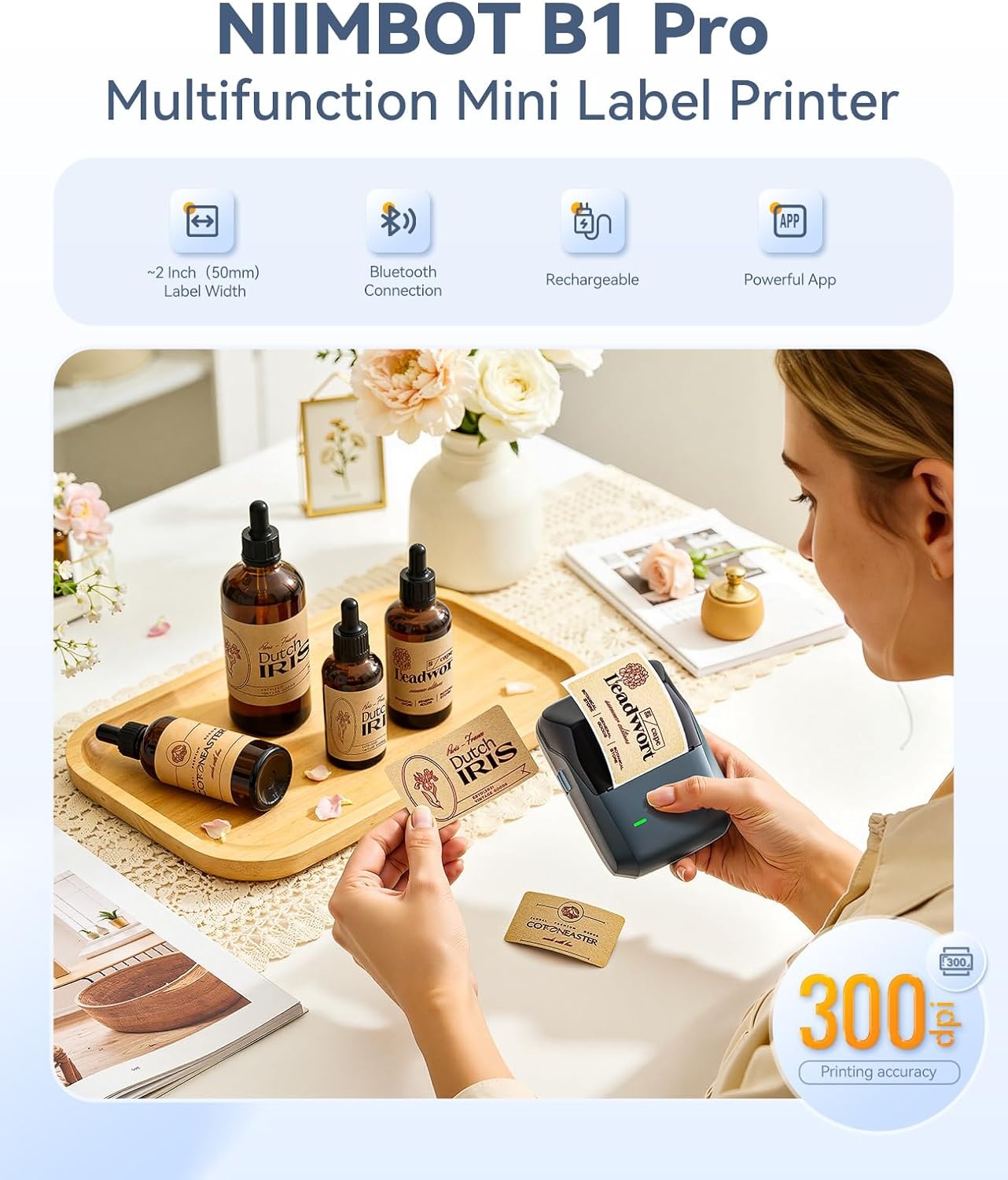 image:imageNIIMBOT B1 Pro Label Maker with 1 Roll Label 300 DPI HD Bluetooth Thermal Label Printer for Home Office Small Business Organization for DIY Crafts Scrapbook Photos Meomo BlueBlue
