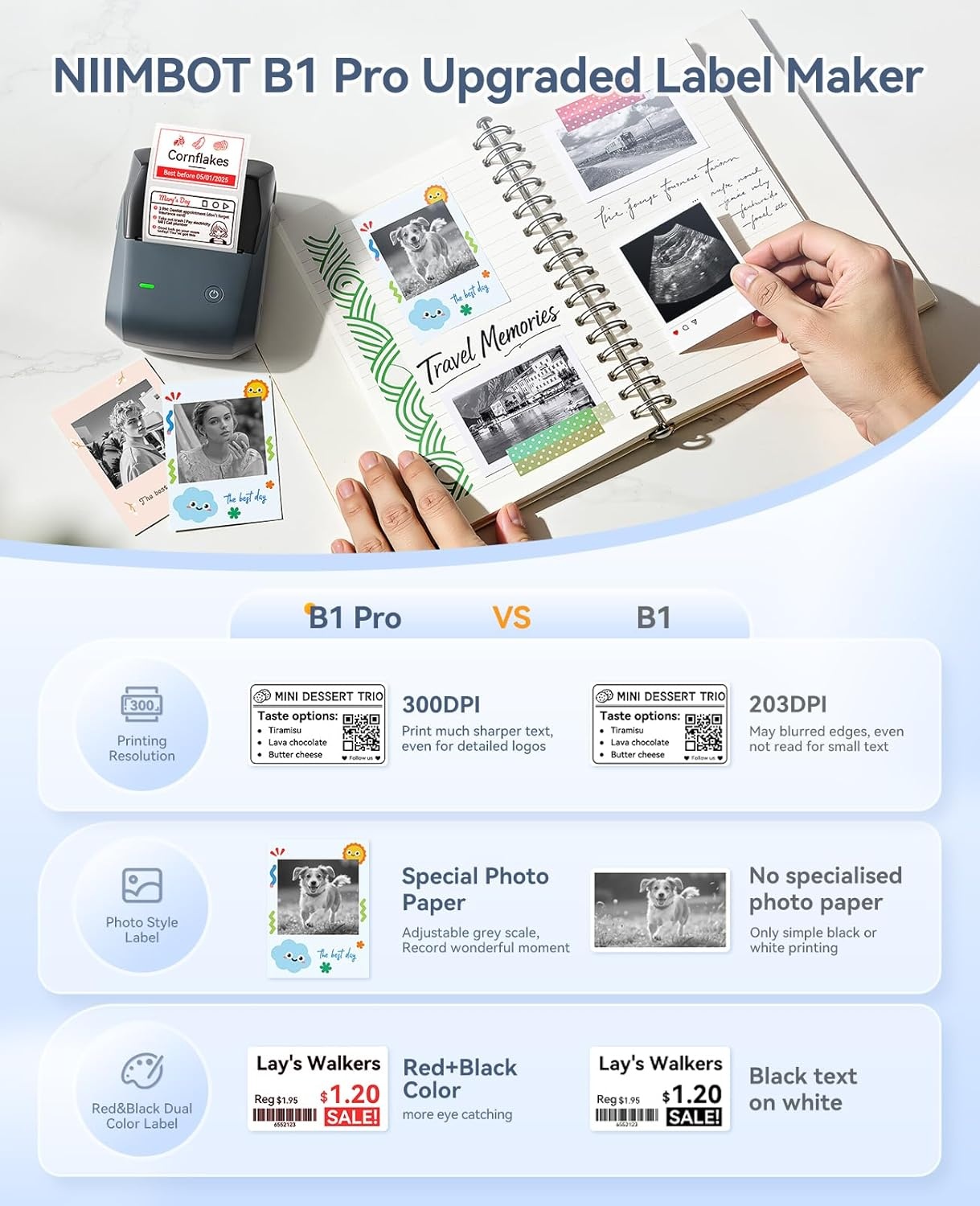 image:imageNIIMBOT B1 Pro Label Maker with 1 Roll Label 300 DPI HD Bluetooth Thermal Label Printer for Home Office Small Business Organization for DIY Crafts Scrapbook Photos Meomo BlueBlue