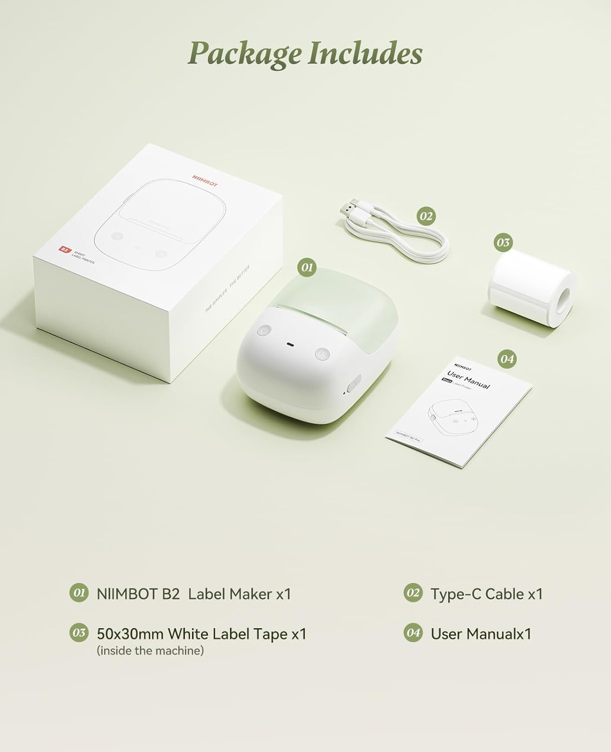 image:imageNIIMBOT B2 Label Maker Machine with Tape 2 Inch Portable Thermal Label Printer with Fun APP for Home Small Business School Office Organization Sticker Printer for Phone amp PC GreenGreen