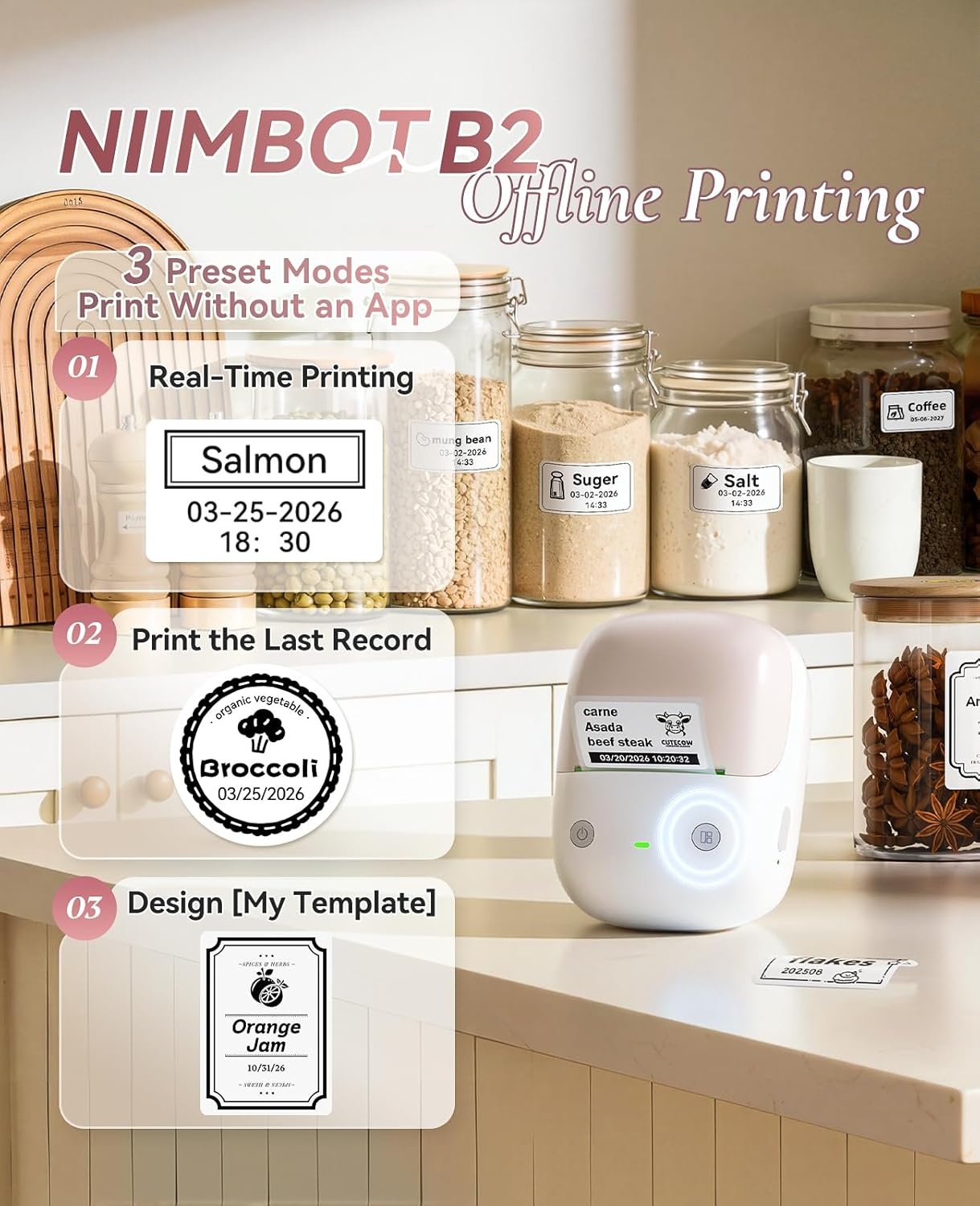 image:imageNIIMBOT B2 Label Maker Machine with Tape Portable Bluetooth 2Inch Label Printer with Multiple Templates Thermal Labeler for Home Kitchen Office Coffee Shop Bakery Organization Green WhitePink
