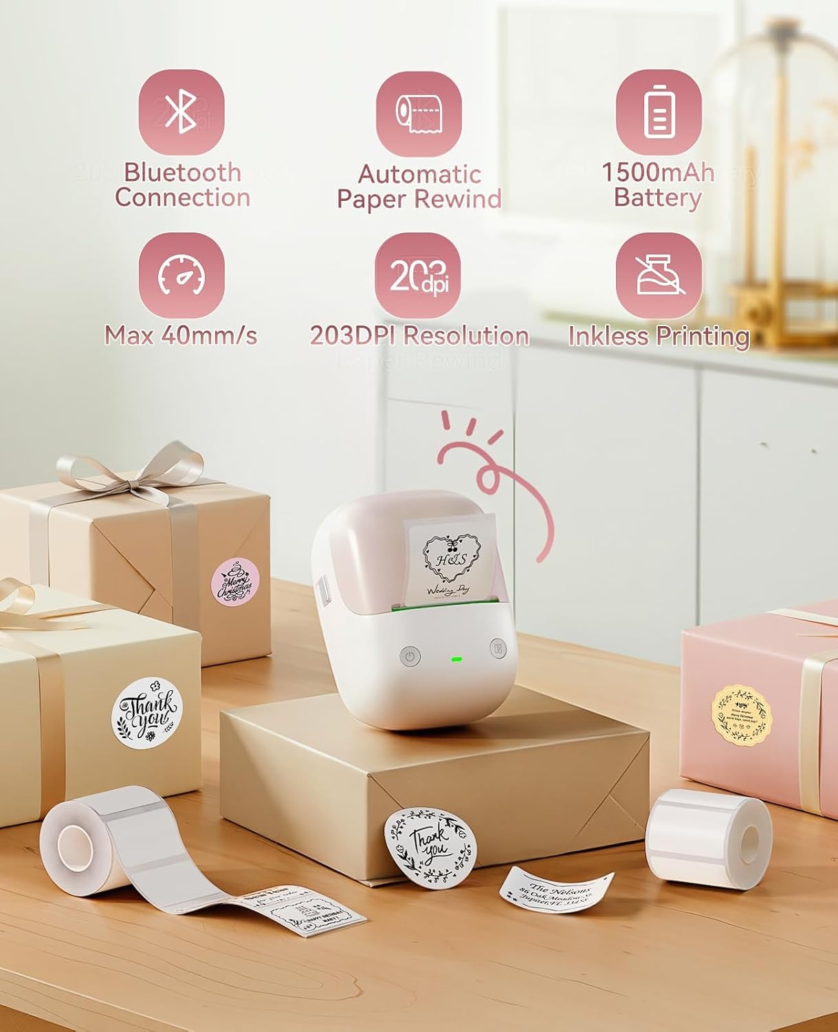 image:imageNIIMBOT B2 Label Maker Machine with Tape Portable Bluetooth 2Inch Label Printer with Multiple Templates Thermal Labeler for Home Kitchen Office Coffee Shop Bakery Organization Green WhitePink
