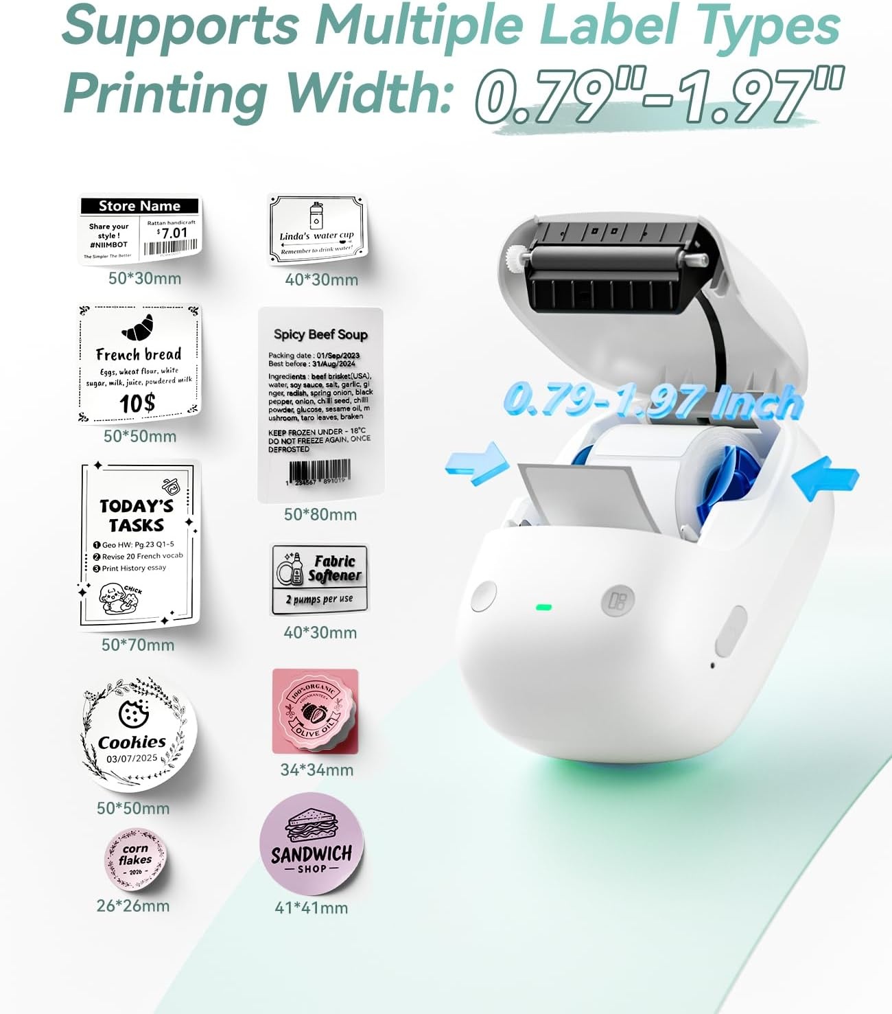 image:imageNIIMBOT B2 Label Maker Machine with Tape Portable Bluetooth 2Inch Label Printer with Multiple Templates Thermal Labeler for Home Kitchen Office Coffee Shop Bakery Organization Green WhiteGray White