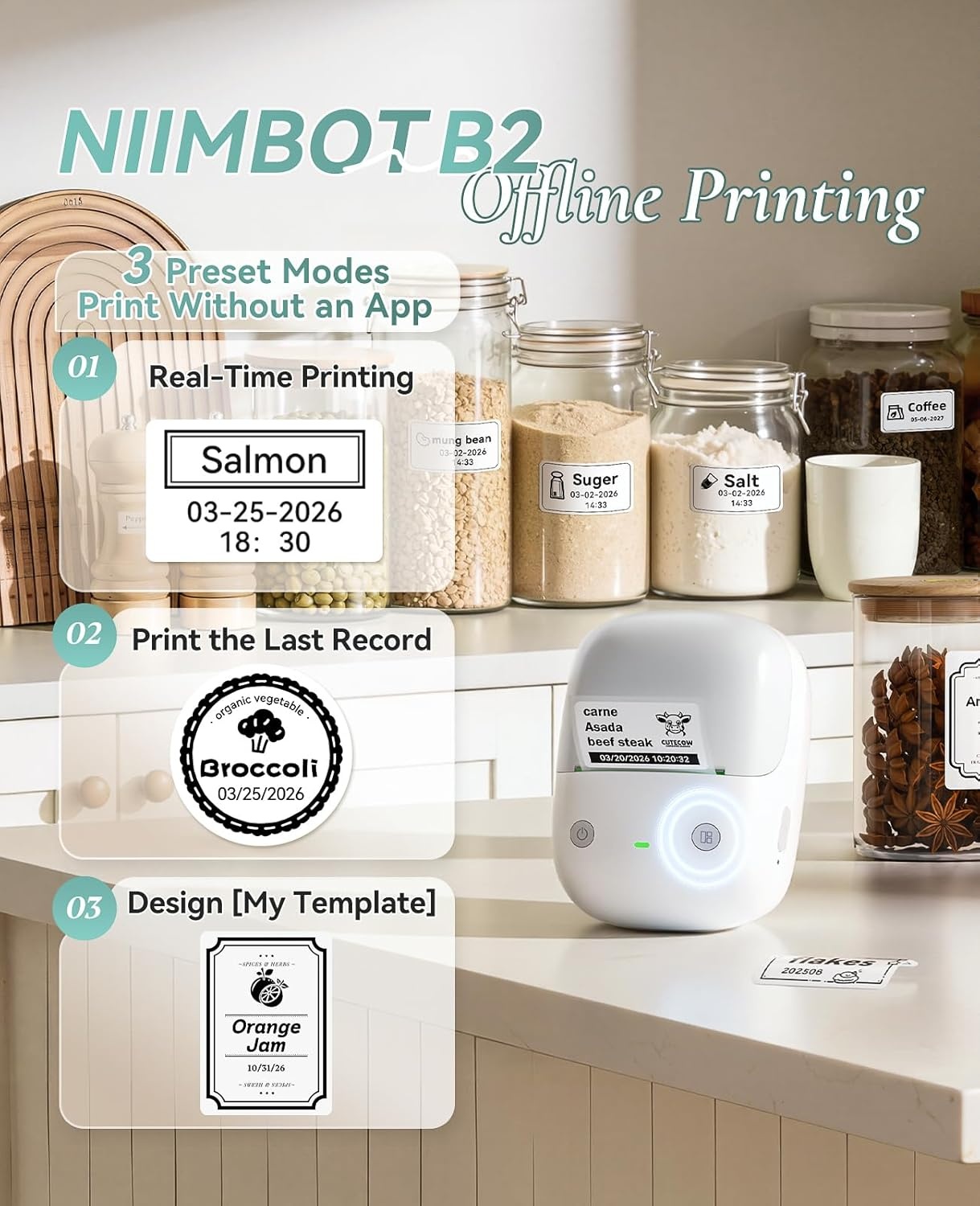 image:imageNIIMBOT B2 Label Maker Machine with Tape Portable Bluetooth 2Inch Label Printer with Multiple Templates Thermal Labeler for Home Kitchen Office Coffee Shop Bakery Organization Green WhiteGray White