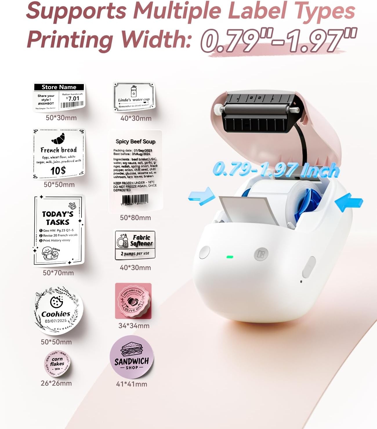 image:imageNIIMBOT B2 Label Maker Machine with Tape Portable Bluetooth 2Inch Label Printer with Multiple Templates Thermal Labeler for Home Kitchen Office Coffee Shop Bakery Organization Green WhitePink
