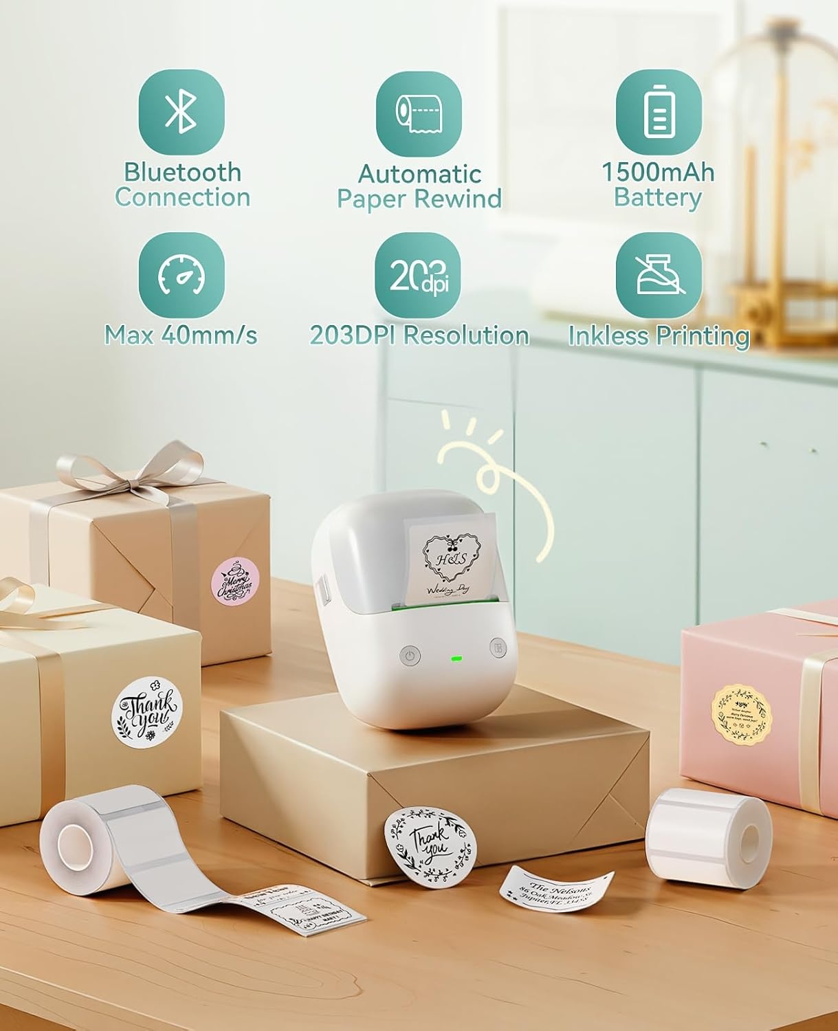 image:imageNIIMBOT B2 Label Maker Machine with Tape Portable Bluetooth 2Inch Label Printer with Multiple Templates Thermal Labeler for Home Kitchen Office Coffee Shop Bakery Organization Green WhiteGray White