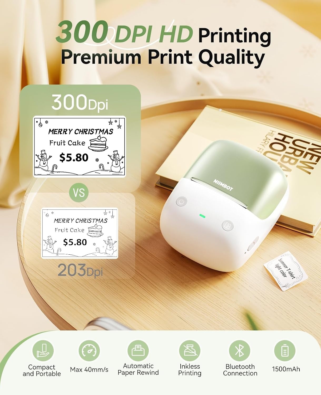 image:imageNIIMBOT B2 Pro Label Maker Machine with Tape 300DPI Sticker Printer Portable Bluetooth Label Printer for Photo Sticker DIY Crafts Study Notes Gift Journal Labeling Organization GoldGreen