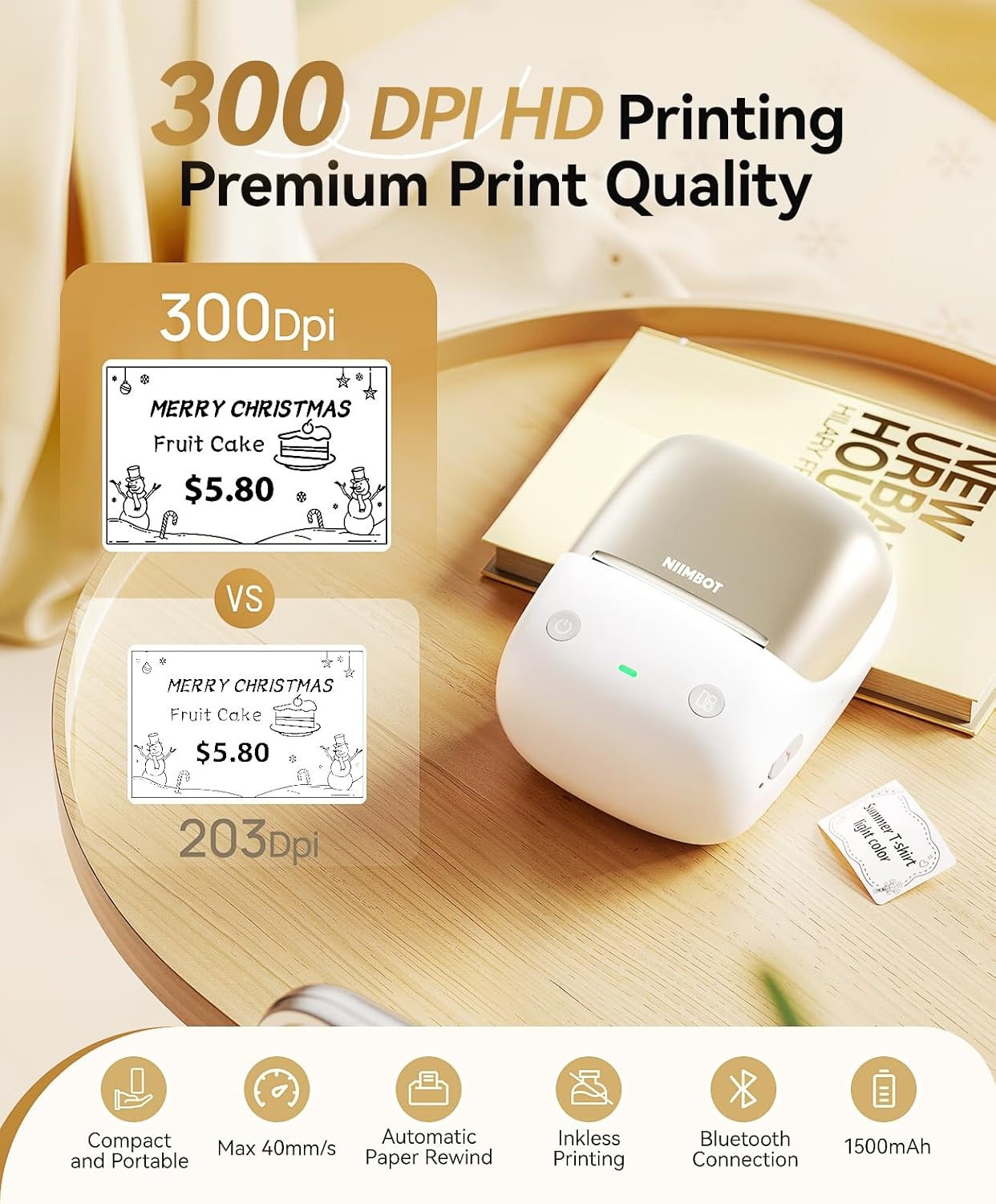 image:imageNIIMBOT B2 Pro Label Maker Machine with Tape 300DPI Sticker Printer Portable Bluetooth Label Printer for Photo Sticker DIY Crafts Study Notes Gift Journal Labeling Organization GoldGold