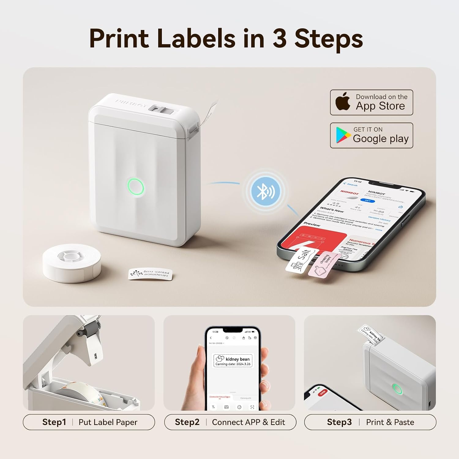 image:imageNIIMBOT D110 Mini Label Maker Machine with Tape with 3 Rolls White Label Tape 1240mm160LabelsRoll