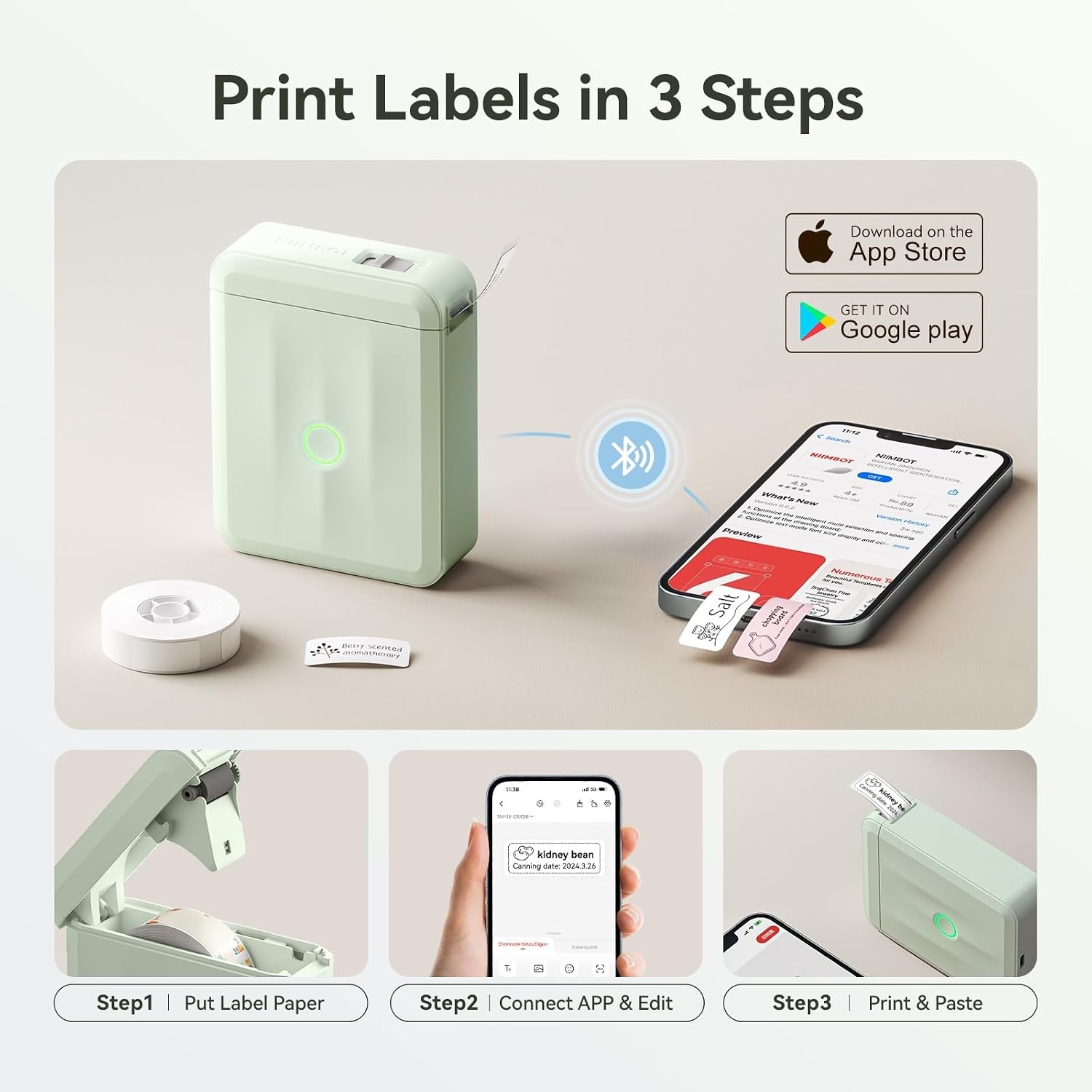 image:imageNIIMBOT D110 Upgraded Version Mini Label Maker Green with Case Portable Bluetooth Thermal Printer Sticker Maker for Office Organization Home Kitchen School White