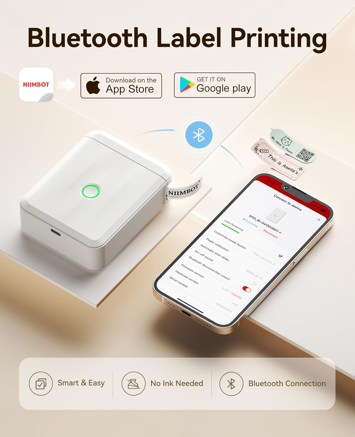 image:imageNIIMBOT Label Maker Machine Bluetooth Label Printer for School Home Office Organization Wireless Mini Labeler D110 Upgraded Version Label Machine with 6 Roll 12X75mm Label Tapes White