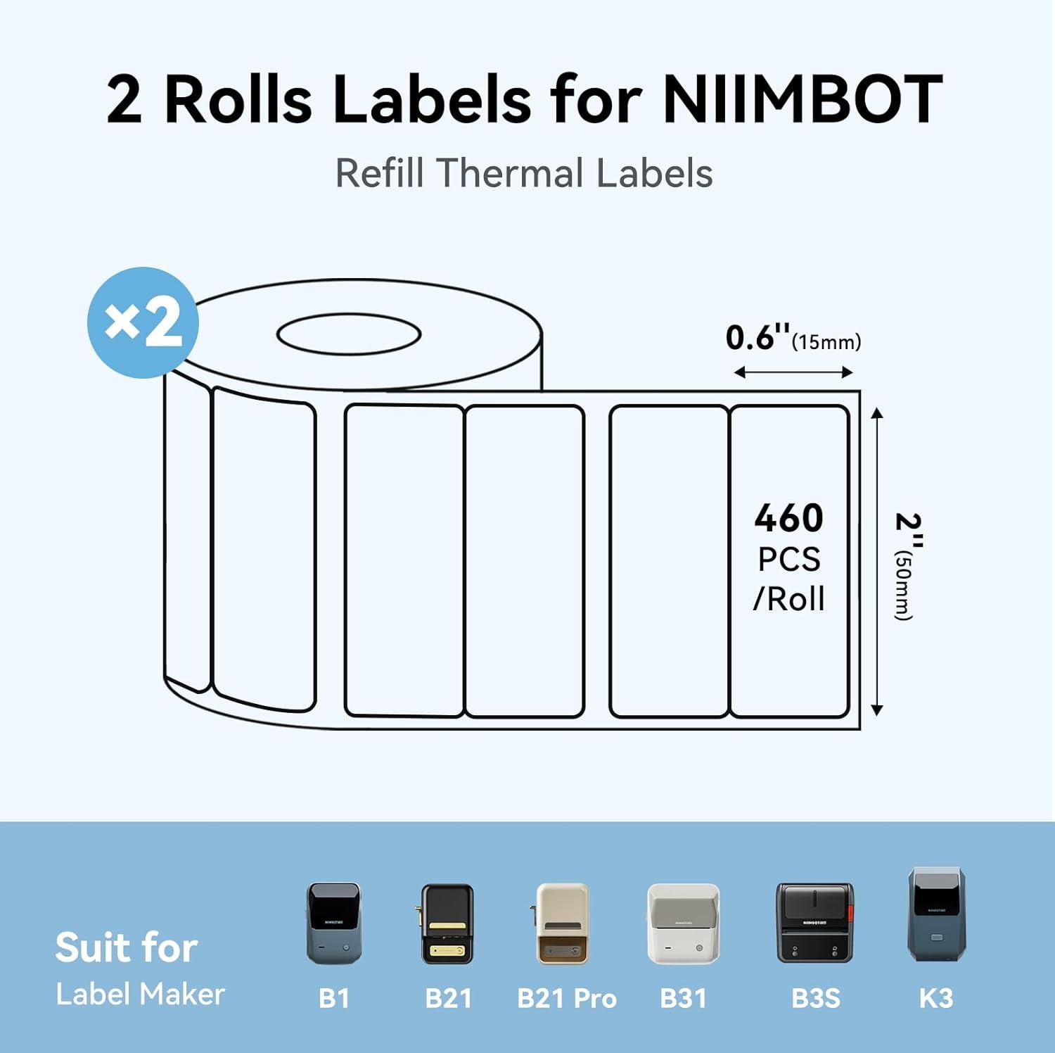 image:imageNIIMBOT Labels 2 Rolls Refill Thermal Label for Label Maker B1B21B21ProB3SB31K3 Waterproof OilProof and TearProof Sticker Labels 157 x 06x240x15mmx2 ClearWhite2 X 06x2